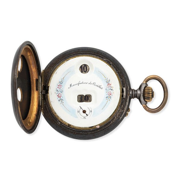 Dial and open front half-hunter cover of the Cortebert jump hour pocket watch