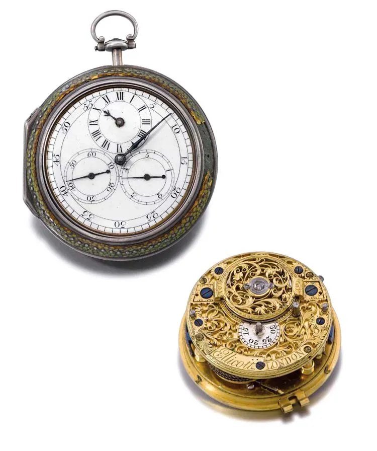 Dial view of the watch housed within its shagreen outer case alongside the detached gilt cylinder movement
