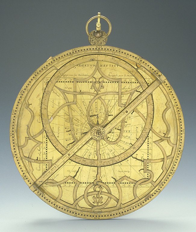 Front view of the Thomas Gemini astrolabe showing the rete, mater, and navigational markings.