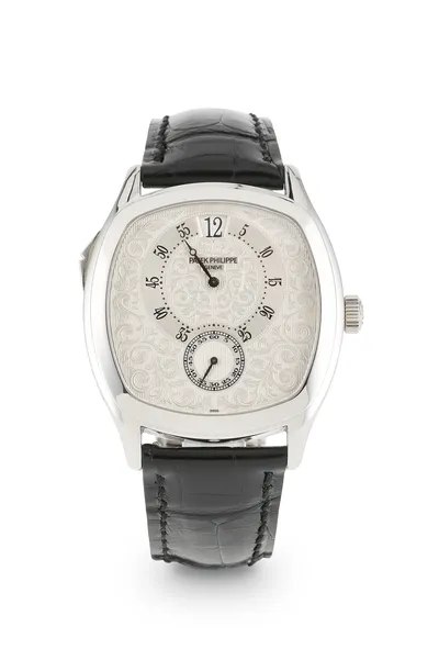 Front view of the Patek Philippe Chiming Jump Hour Ref. 5275 on a black strap
