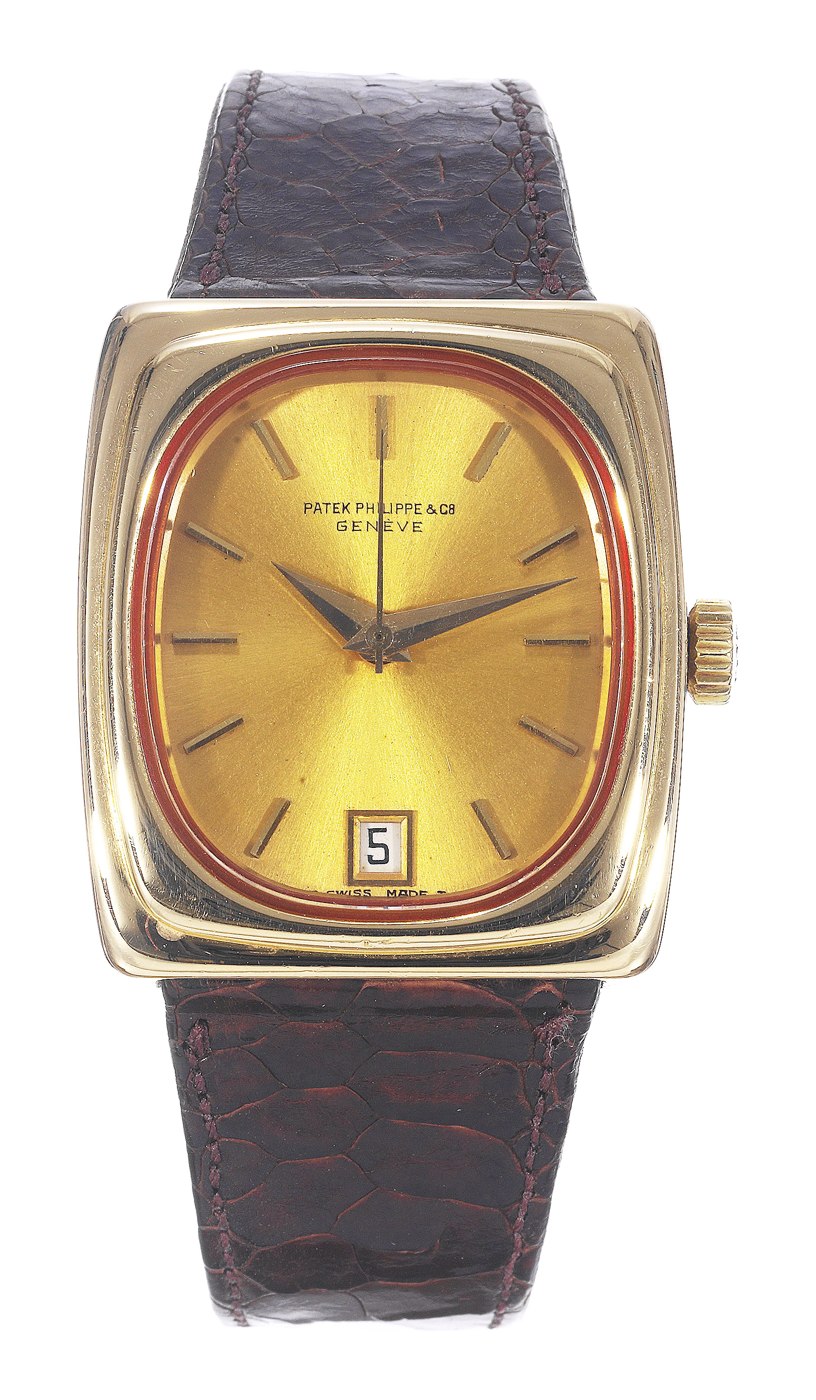 Front view of the Patek Philippe reference 3603 wristwatch, showing the satiné champagne dial and jump-type date window.