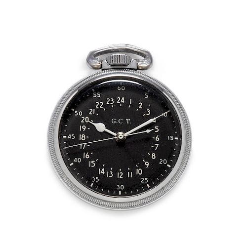 Front view of Hamilton open-face military pocket watch showing black 24-hour dial and white hands