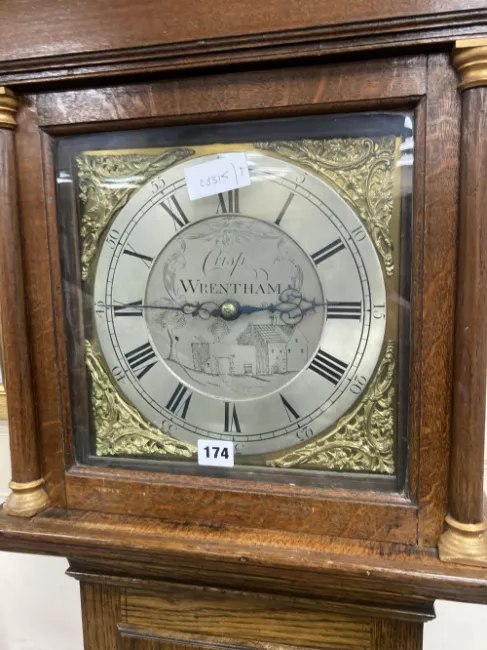 Hood and dial view of the Crisp Wrentham thirty-hour longcase clock
