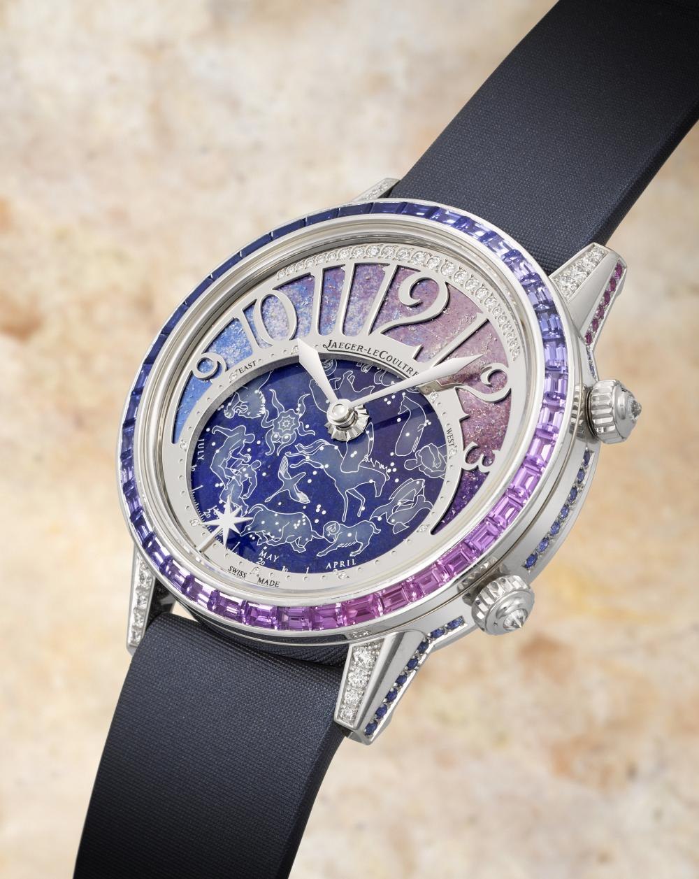 Front view of the Jaeger-LeCoultre Rendez-Vous Celestial wristwatch showing the enamel dial, rotating lapis lazuli disc, and sapphire-set bezel.