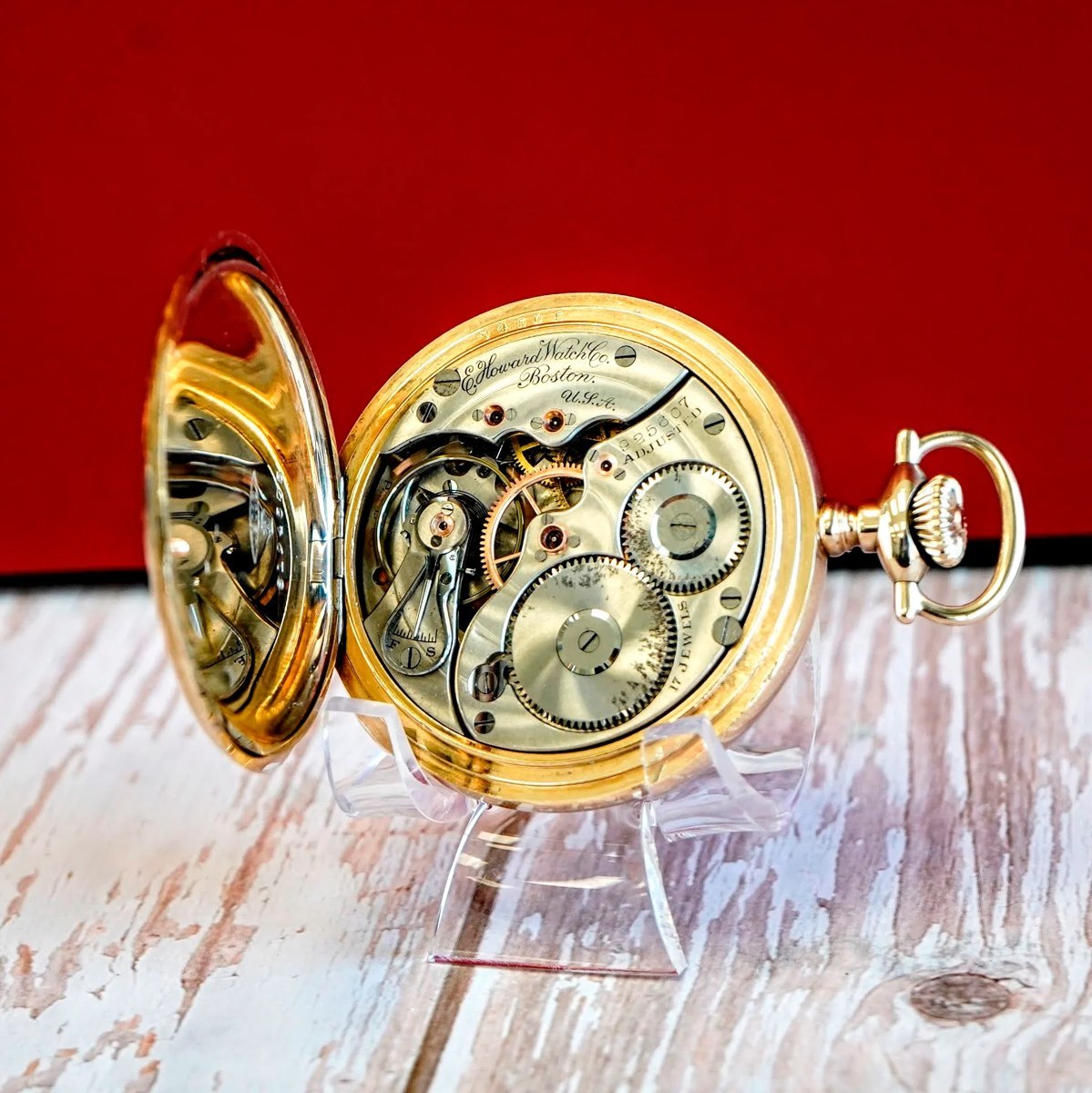 Movement view of the E. Howard Watch Co. Grade Series 3 pocket watch in open gold-filled hunter case