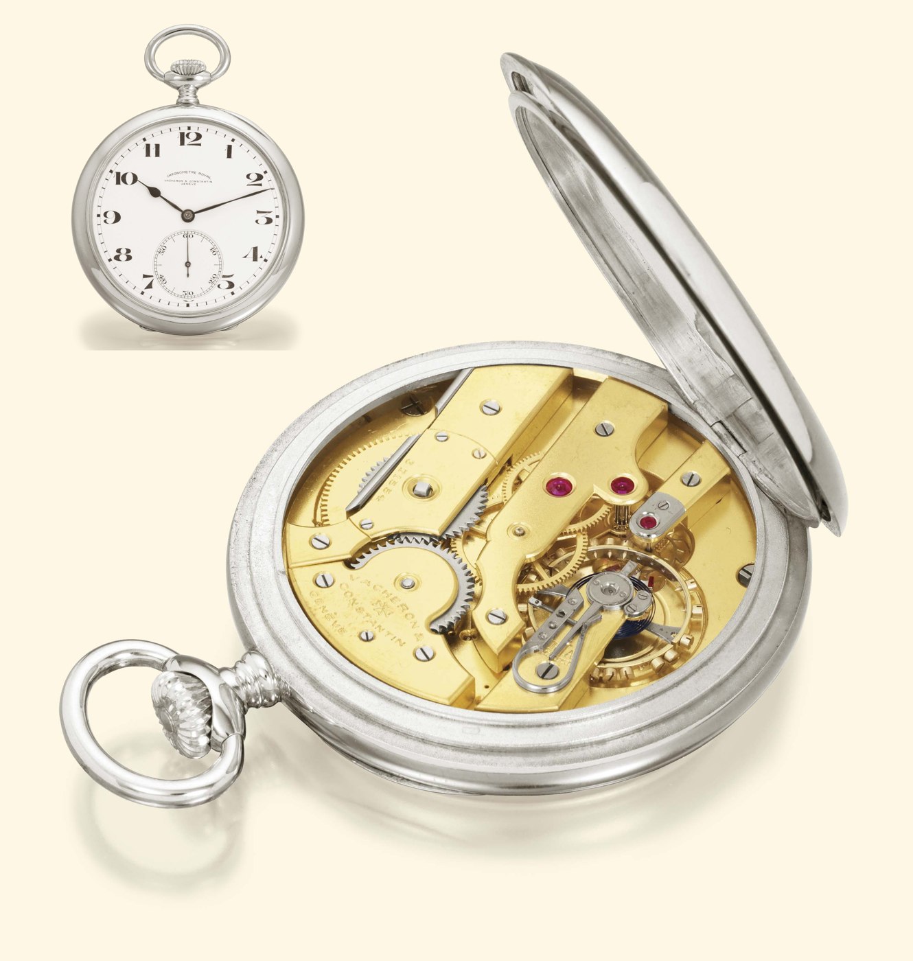 The obverse showing the white enamel dial, and the reverse displaying the frosted gilt movement and silver case.