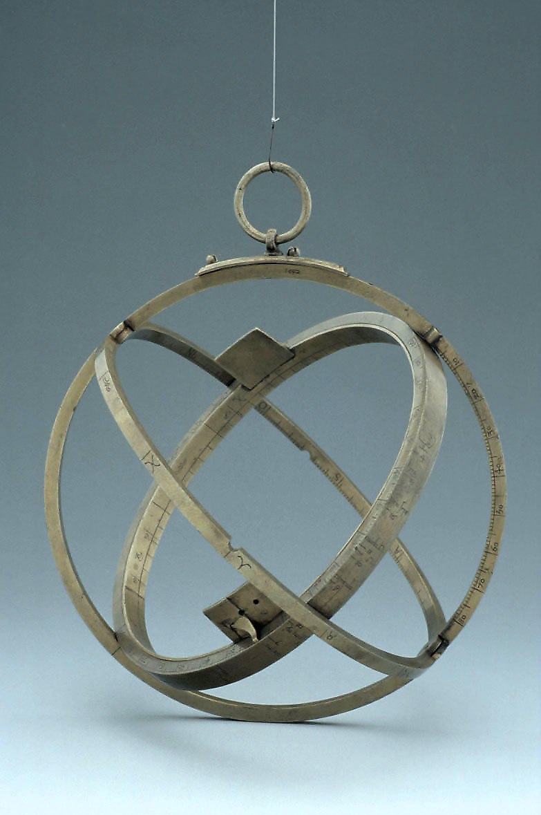 The astronomical ring dial showing the meridian, equator, and declination rings, with the suspension ring at the top.