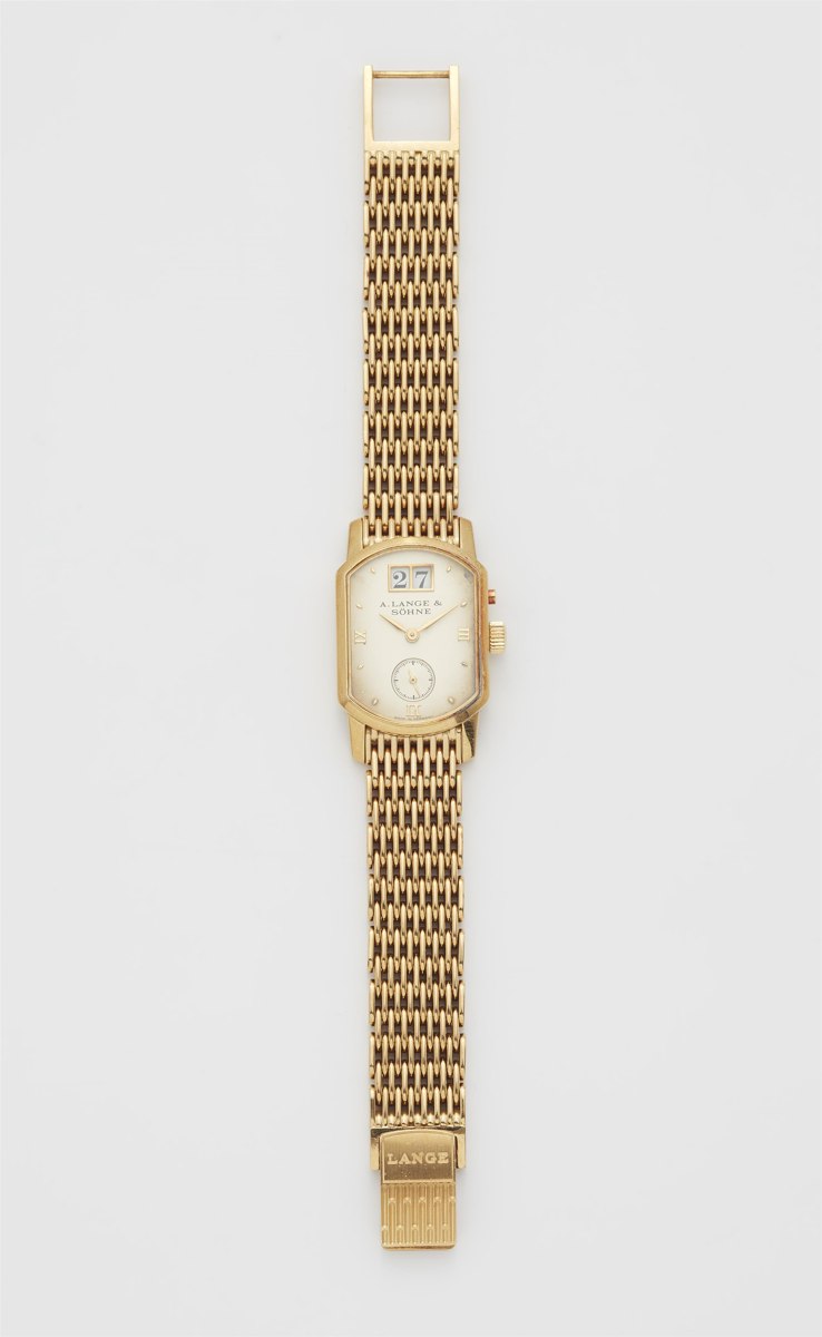 Full view of the A. Lange & Söhne 18k yellow gold wristwatch with dial and bracelet