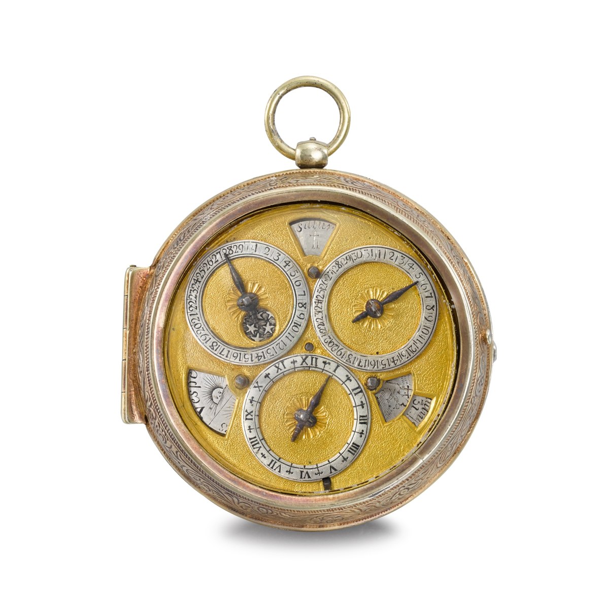 Front view of the gilt-metal astronomical verge watch showing the stippled dial, silver subsidiary rings, and aperture displays