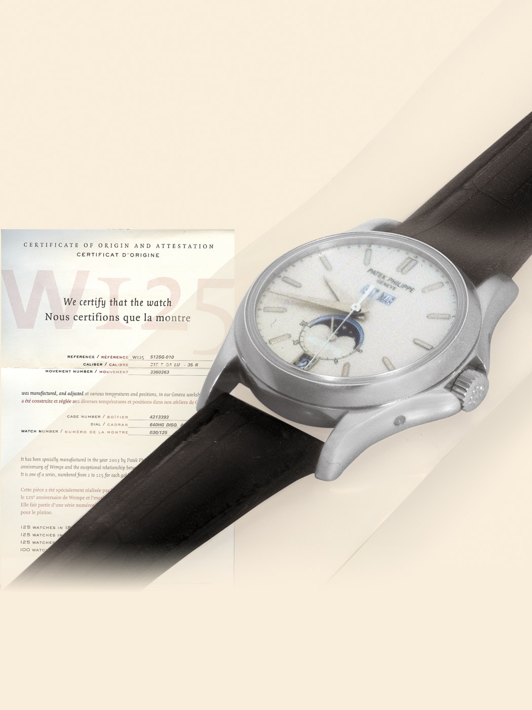 Patek Philippe Reference 5125G wristwatch shown alongside its certificate of origin.