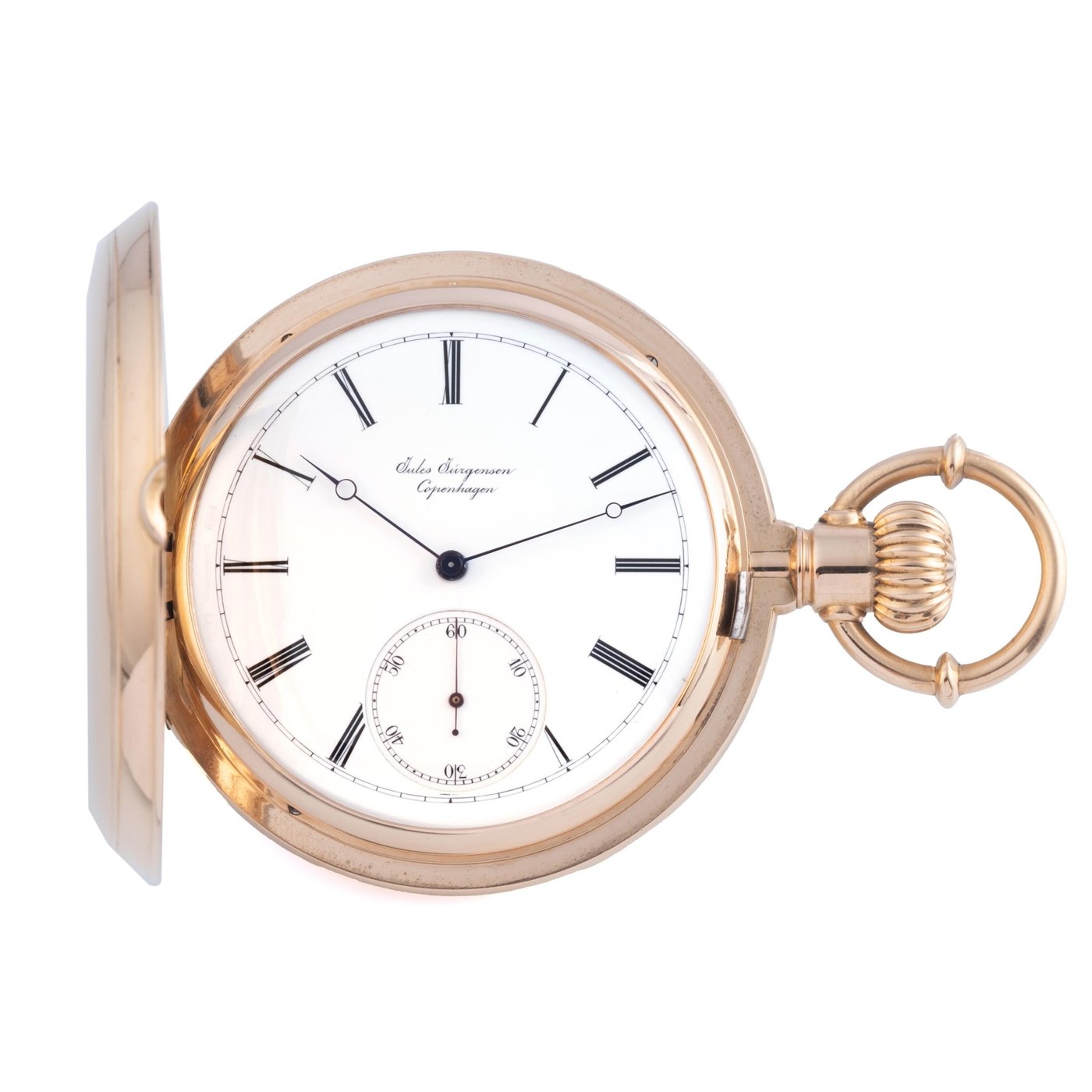 Front view of the Jules Jürgensen hunting-cased pocket watch with the case cover open, showing the dial, hands, and sub-seconds register.