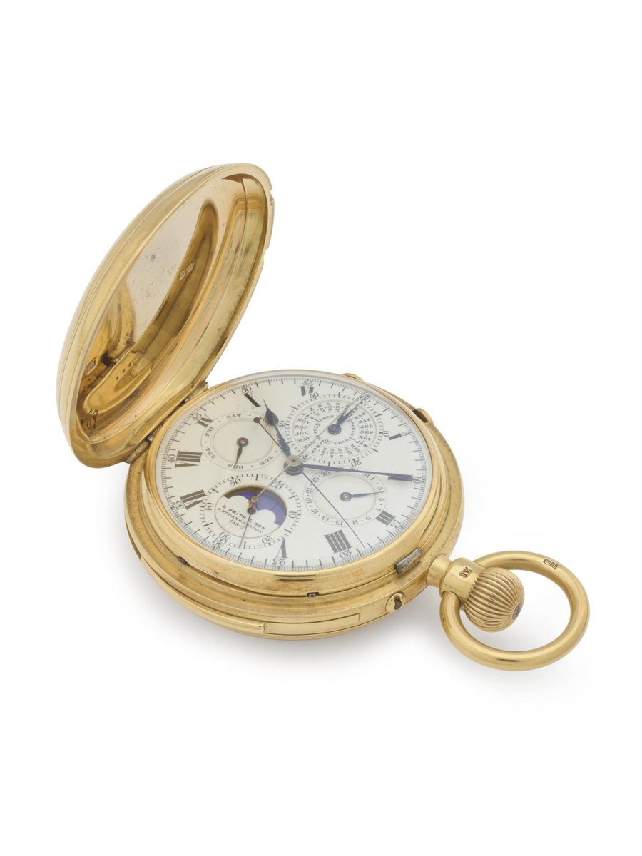Front view of the Samuel Smith & Son 18 ct gold complicated pocket watch with hunter case opened