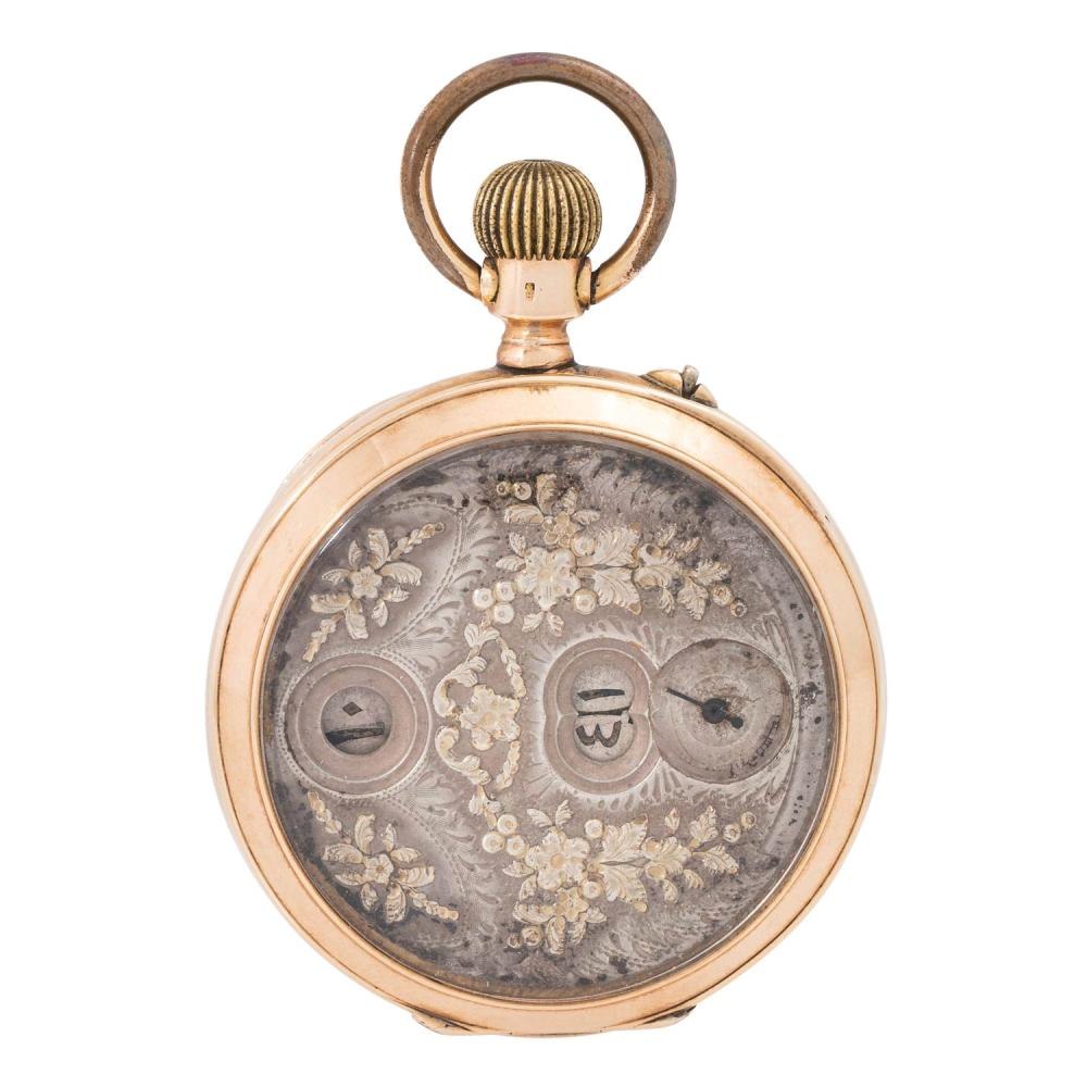 Front view of the Cortébert Pallweber open-face pocket watch in rose gold showing the relief-engraved silver digital dial