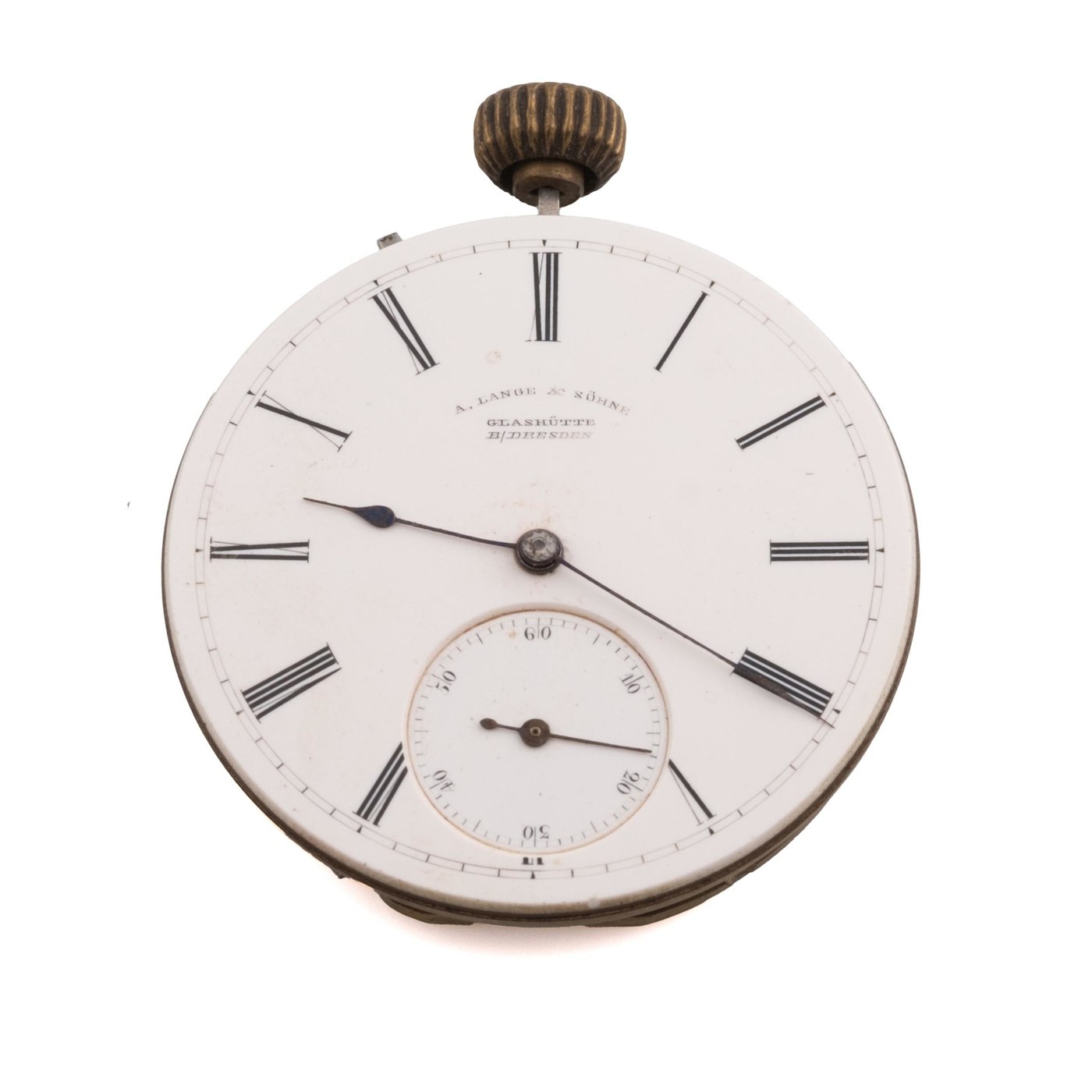 Front view of the A. Lange & Söhne movement with attached enamel dial and winding crown.