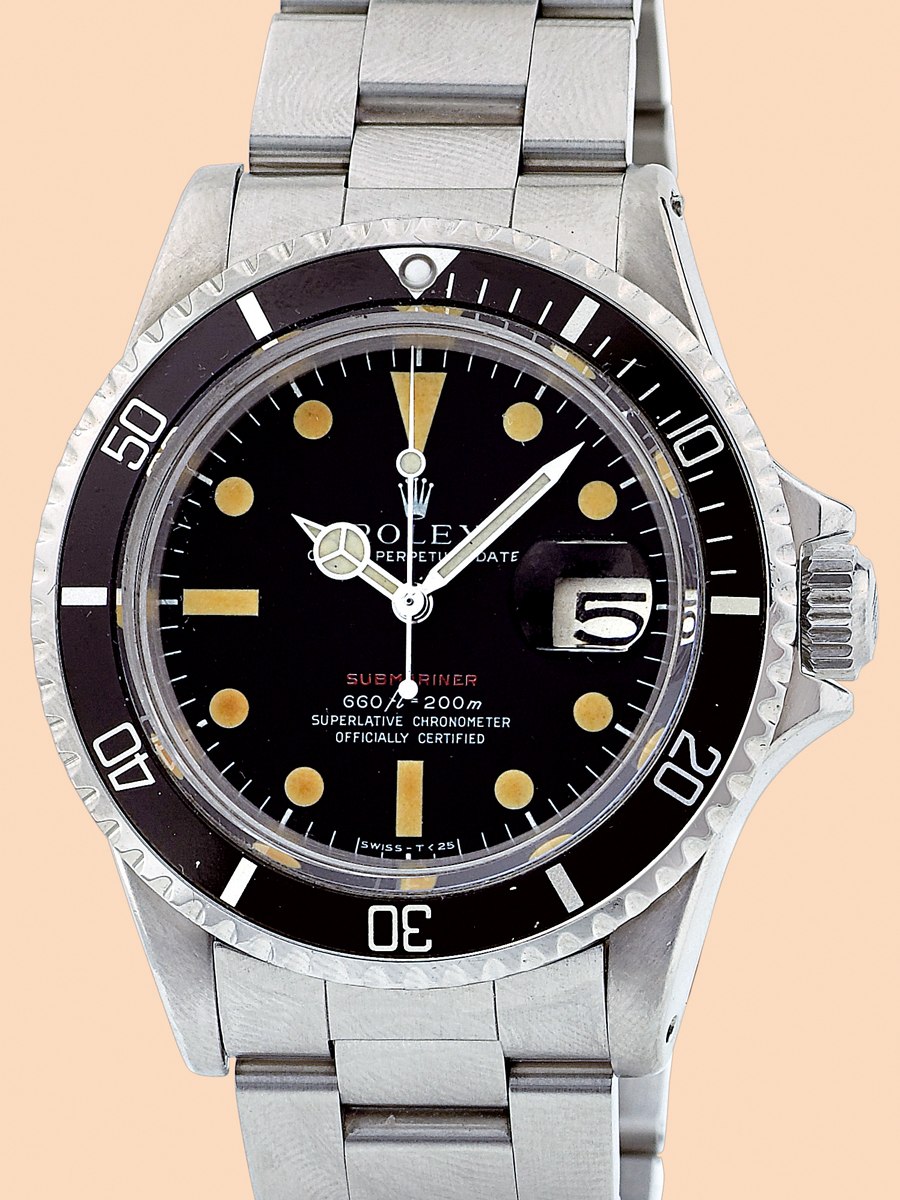 Rolex Oyster Perpetual Date Submariner with red 'Submariner' dial.
