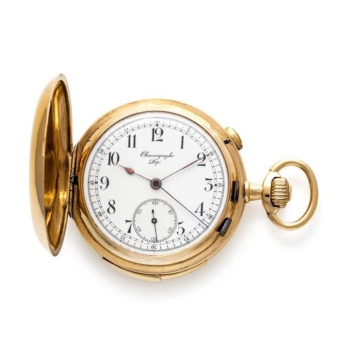 Front view of open hunter case showing dial, hands, crown, and bow