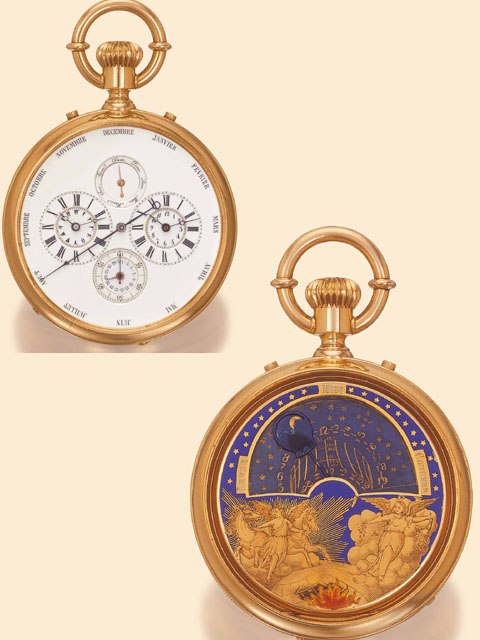 Front and reverse views of the gold astronomical orrery-type watch.