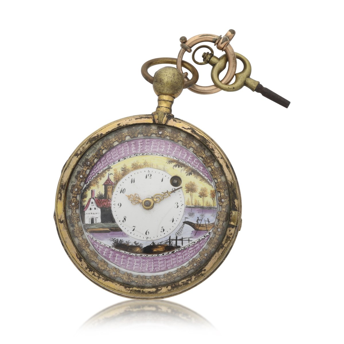 Dial view of the Le Roy open-face pocket watch with attached key, showing the painted landscape enamel dial