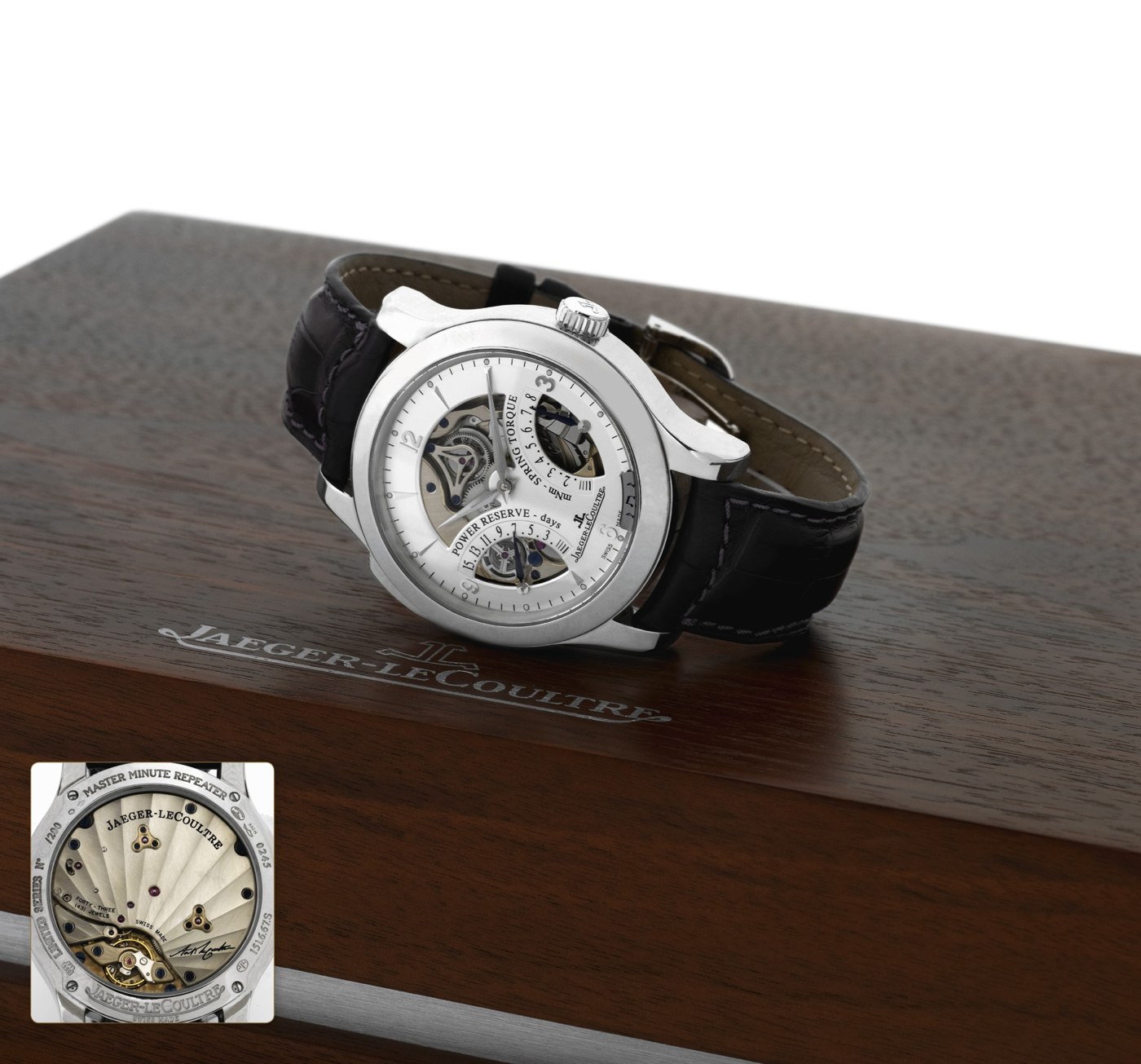 Jaeger-LeCoultre Master Minute Repeater, No. 079/200, viewed from the dial side, displayed on the included wooden box with a small inset showing the exhibition case back.