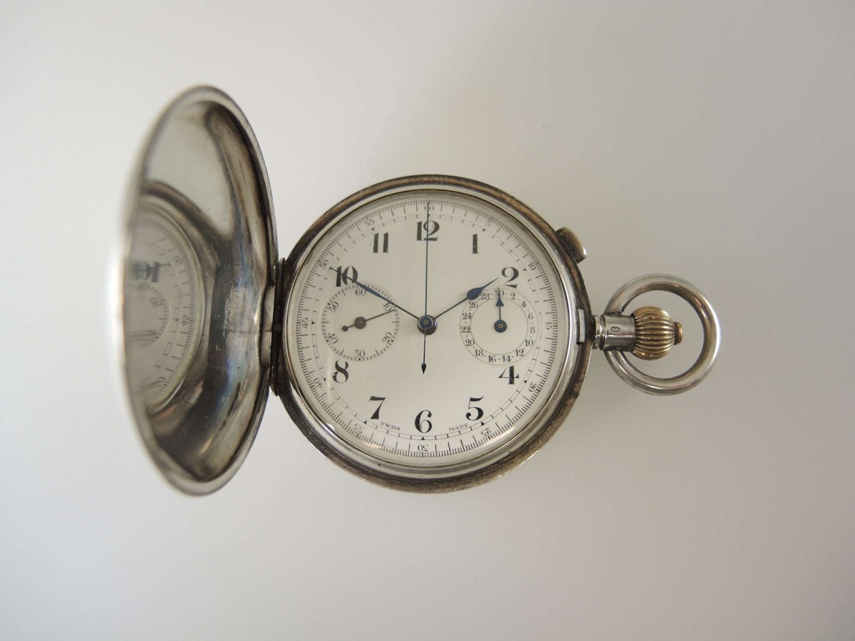 Front view of the Swiss silver full hunter chronograph pocket watch with hunter cover open