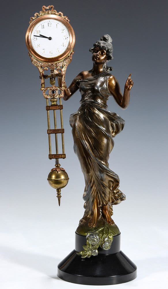 Front full view of the reproduction spelter maiden holding the swing-arm mystery clock