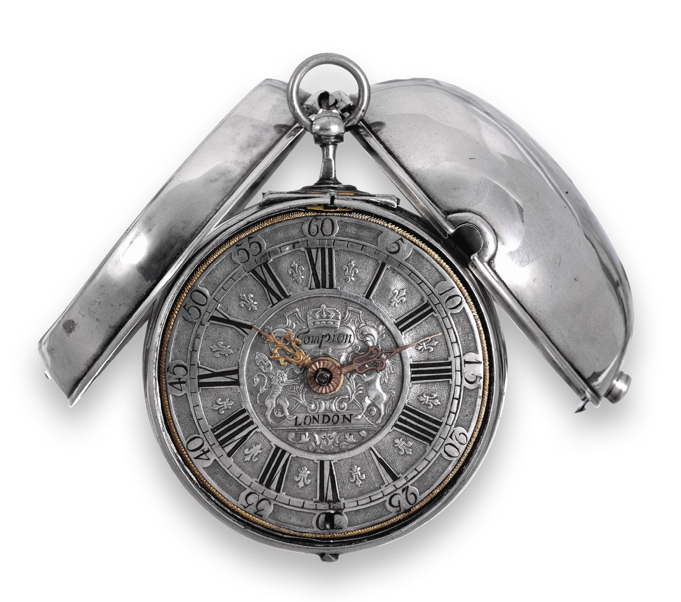 Front view of the silver pair-cased pocket watch with open case, showing the champlevé dial, signature, and heraldic ornamentation.