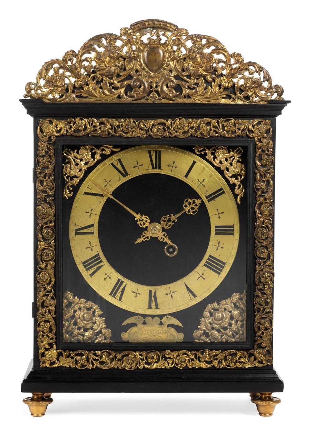 Front view of the Louis XIV religieuse-pendule showing the dial and gilded bronze decorative elements.