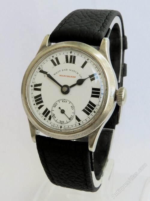 Three-quarter view of the West End Watch Company Matchless wristwatch on display stand