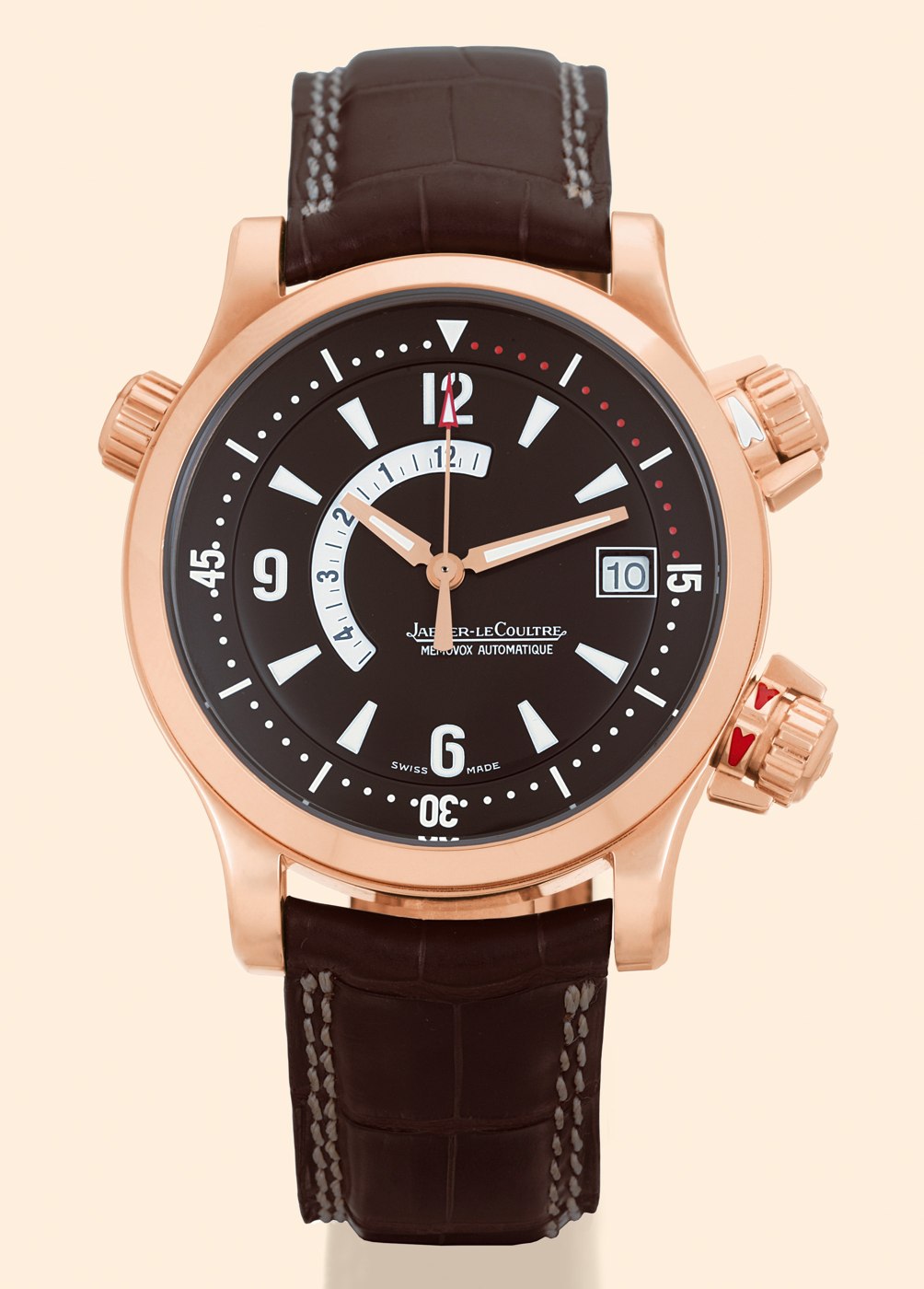 Front view of the Jaeger-LeCoultre Master Compressor Memovox showing the three-crown configuration and grey dial.