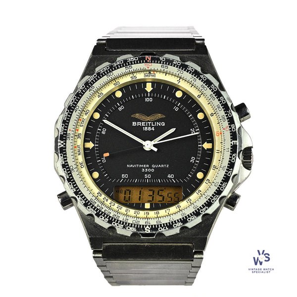 Front view of the Breitling Navitimer Jupiter showing black dial, analog hands, and digital display window