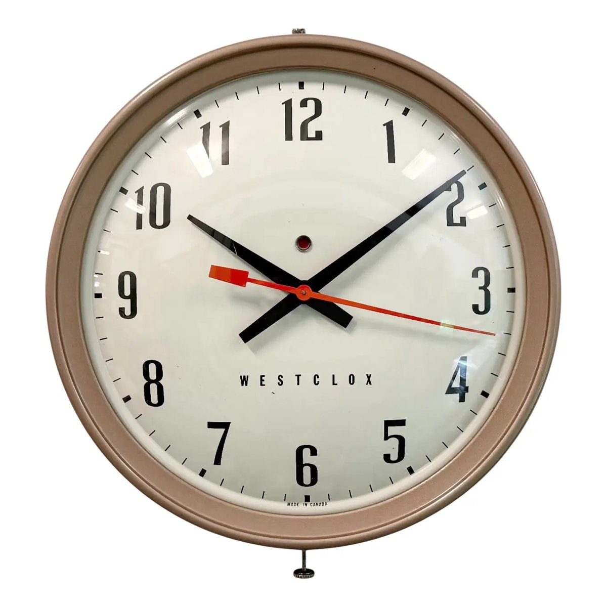 Front view of the Westclox electric station wall clock with brown iron frame, convex glass, and white dial