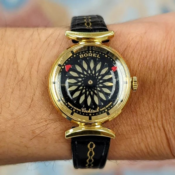 Dial and case view of the Ernest Borel Cocktail wristwatch on wrist