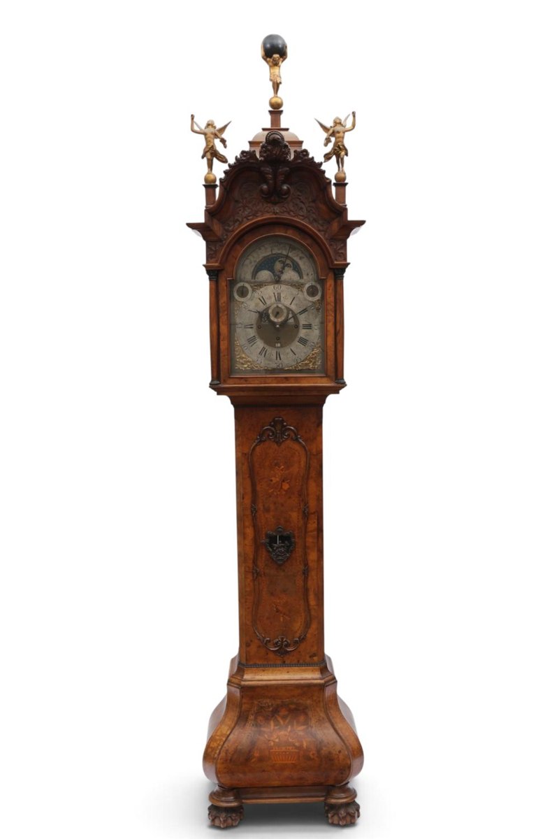 Dutch Louis XV style musical grandfather clock in burl walnut case, circa 1900