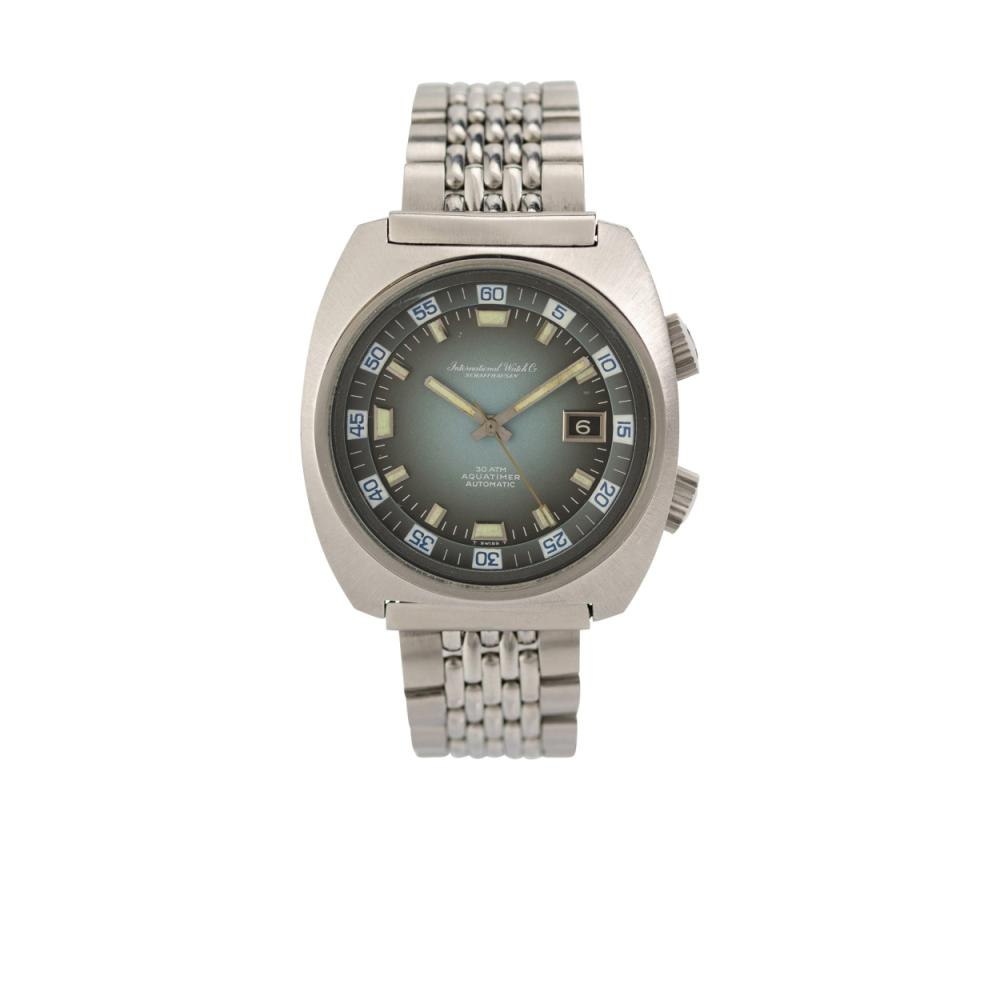 A vintage IWC Aquatimer reference 816 AD diver's wristwatch, circa 1970, with a turquoise-grey gradient dial and Gay Frères bracelet.