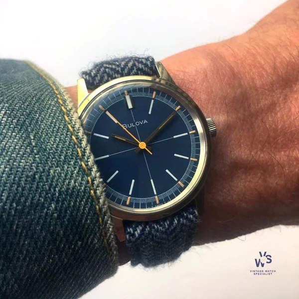 Bulova Sport Timer wristwatch, reference 971, featuring a blue crosshair dial and orange central seconds hand