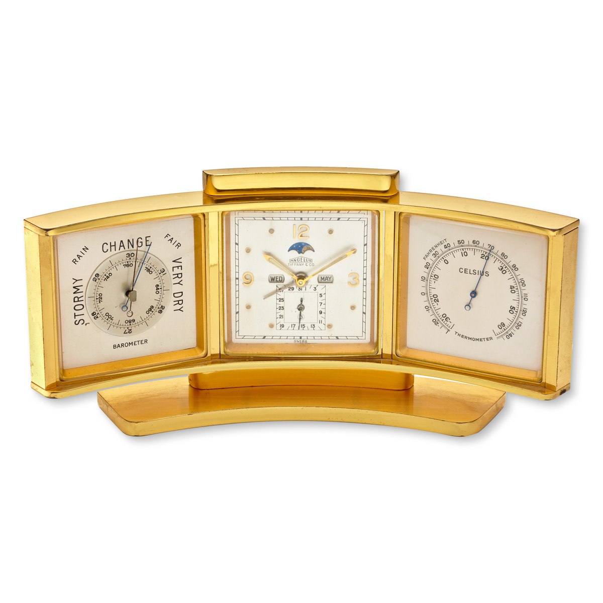 Front view of the curved gilt brass Angelus alarm clock and weather station