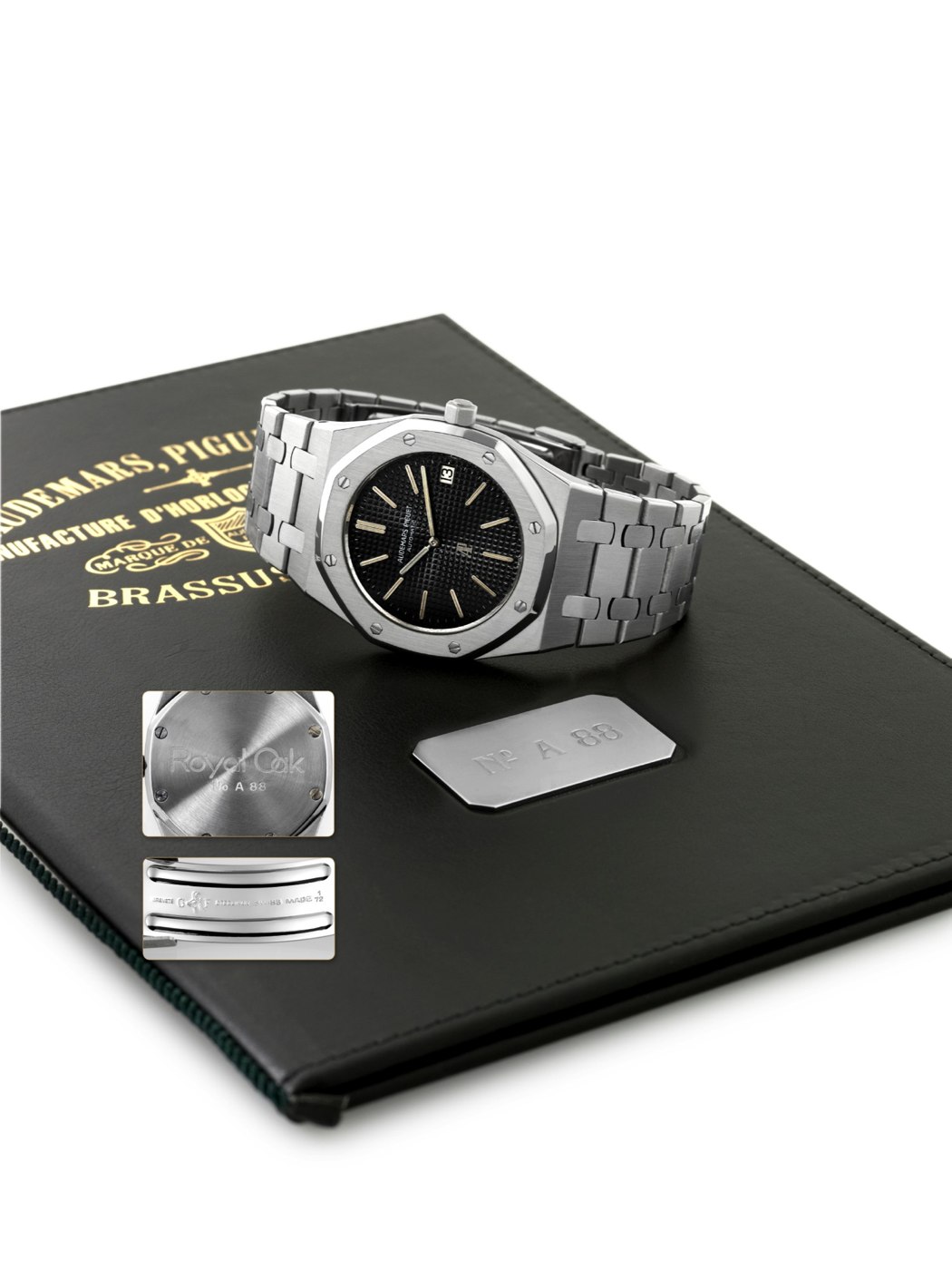 Audemars Piguet Royal Oak Jumbo No. A88 with its associated documentation, showing the dial, case back, and bracelet clasp.