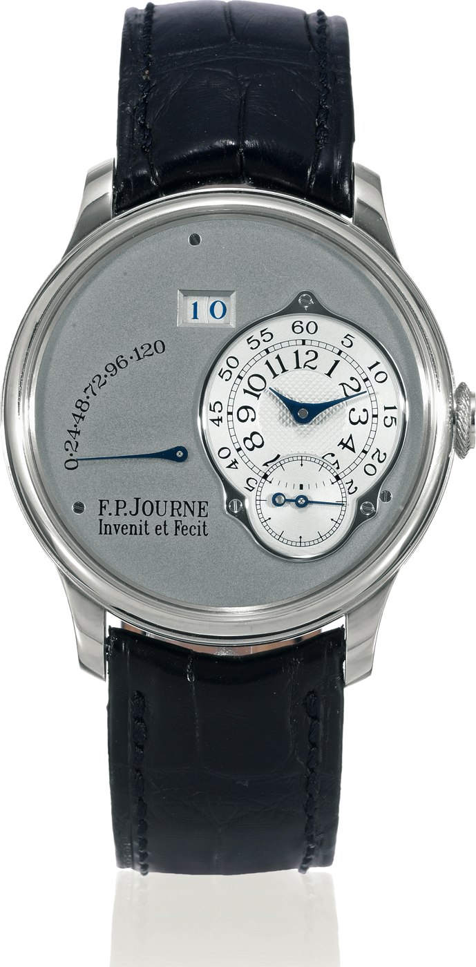 Front view of the F. P. Journe Octa Réserve de Marche wristwatch showing the silver guilloche dial, power reserve indicator, and date aperture.