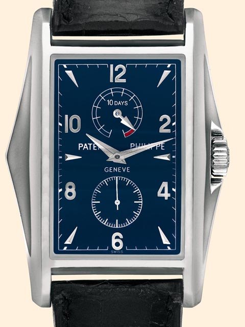 Front view of the Patek Philippe 5100 wristwatch with navy blue dial and power reserve indicator.