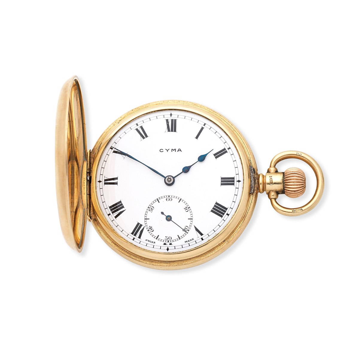 Front view of the open Cyma 9K gold half hunter pocket watch showing the dial, hands, and bow