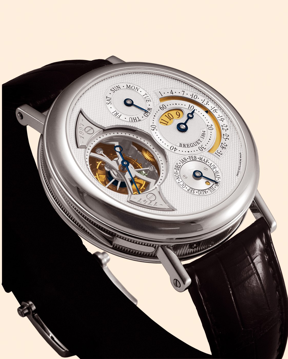 The Ref. 3857PT showing the jump-hour aperture, perpetual calendar displays, and the one-minute tourbillon.