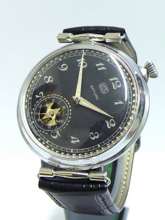 Front three-quarter view of the UMF Ruhla Saturn marriage wristwatch