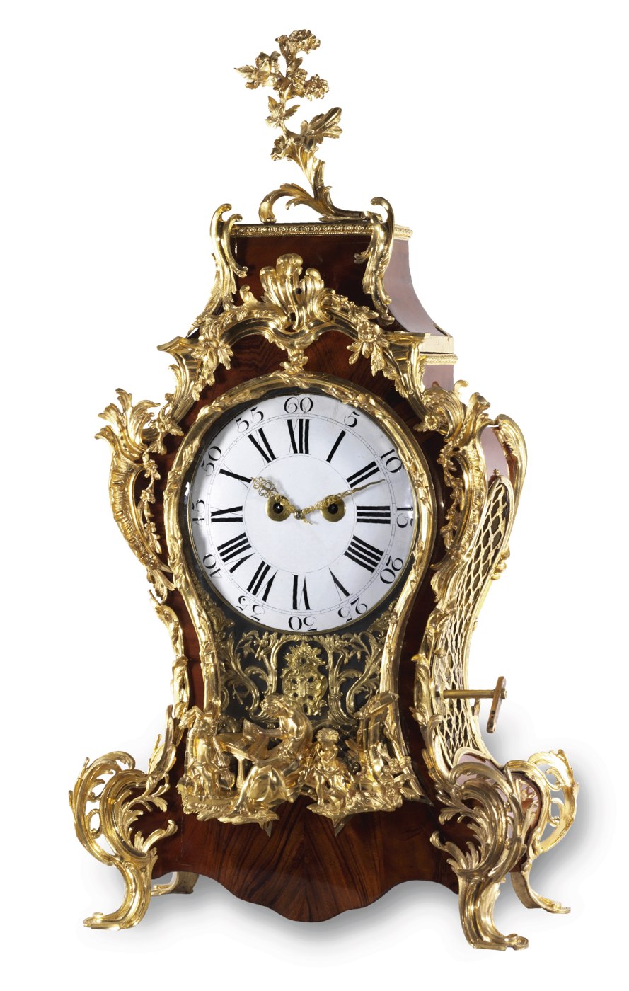 Front view of the Jaquet Droz musical bracket clock featuring ormolu figural mounts and enamel dial.