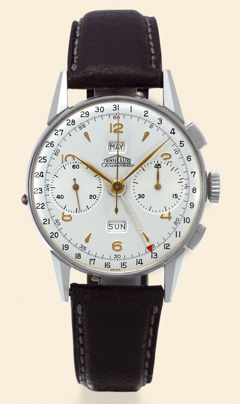 Front view of the Angelus Chronodato wristwatch showing the triple date layout and chronograph registers.