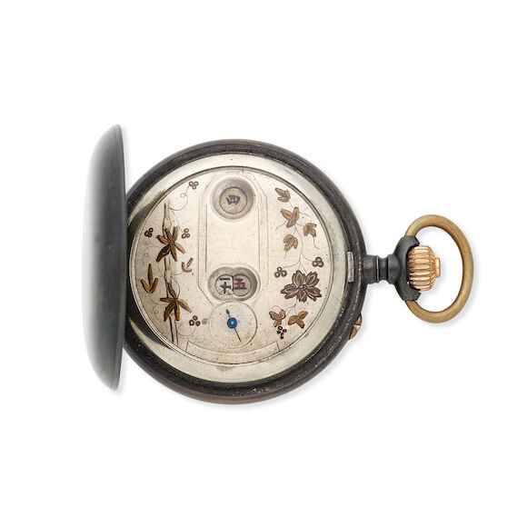 Front view of the Cortebert gun metal hunter pocket watch with cover open