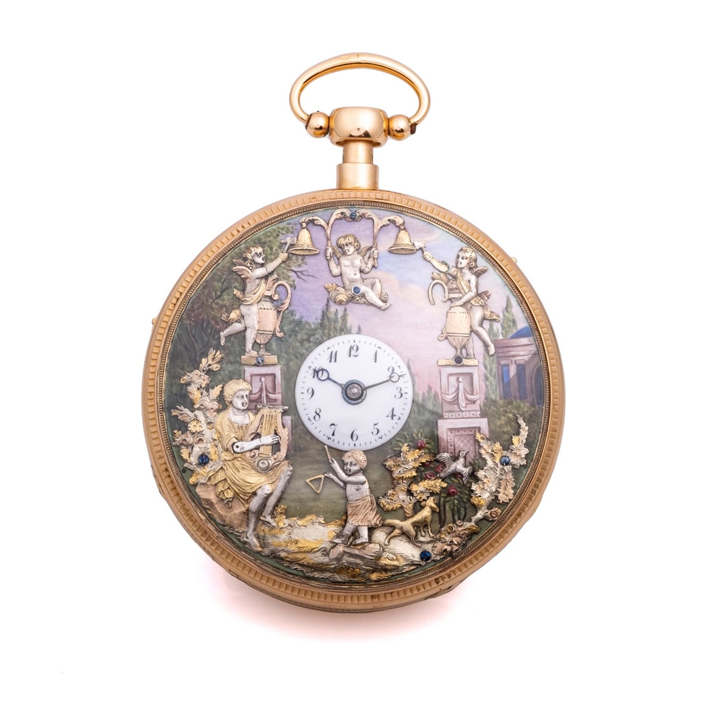 Front view of the Le Jardin de Cupidon pocket watch showing the four automaton figures and central enamel dial.
