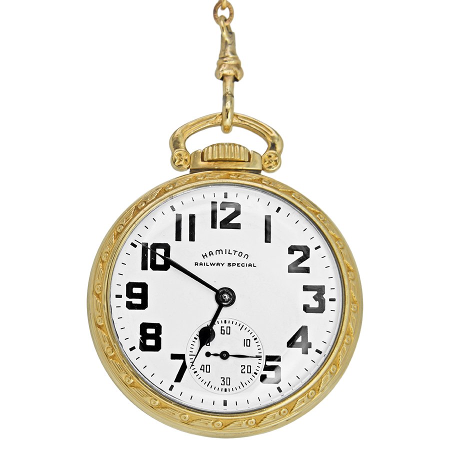 Hamilton 992B Railway Special pocket watch, front view showing dial and engraved bezel