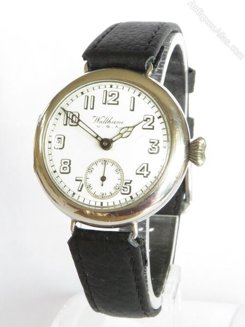 Front three-quarter view of the Waltham Riverside Maximus silver wristwatch on a stand