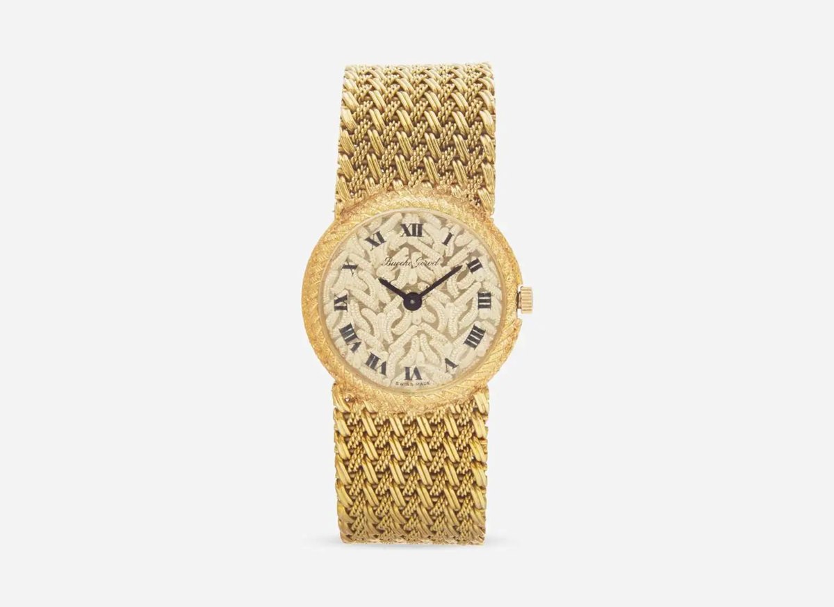 Front view of the Bueche Girod 18K yellow gold ladies wristwatch on woven mesh bracelet