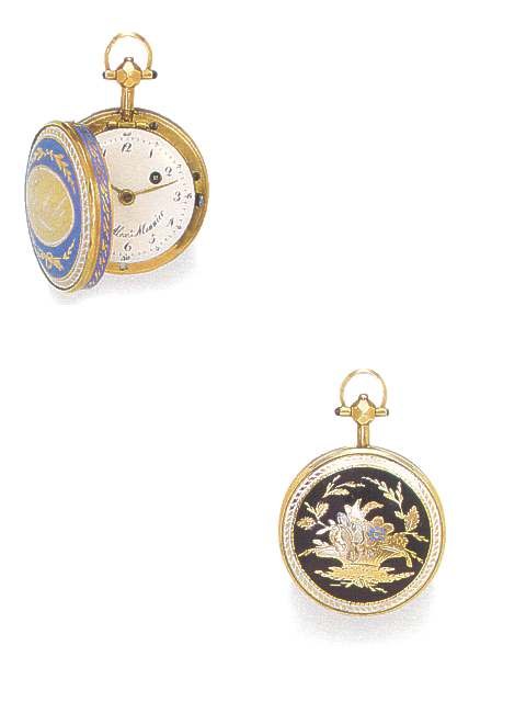The watch shown with the front cover open, revealing the enamel dial, and a closed view showing the floral back motif.